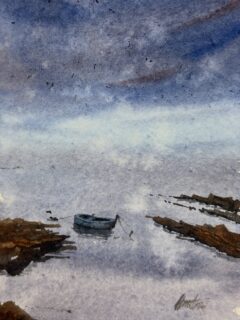 “Held by a thread” watercolor 15x20 over Indian hand made paper

A misty sky over a quiet sea. There’s a shore. The last thin line connecting it to anything at all. Perhaps this is what survival looks like at the end of things: not arrival, not rescue, just the thread that has not yet broken.