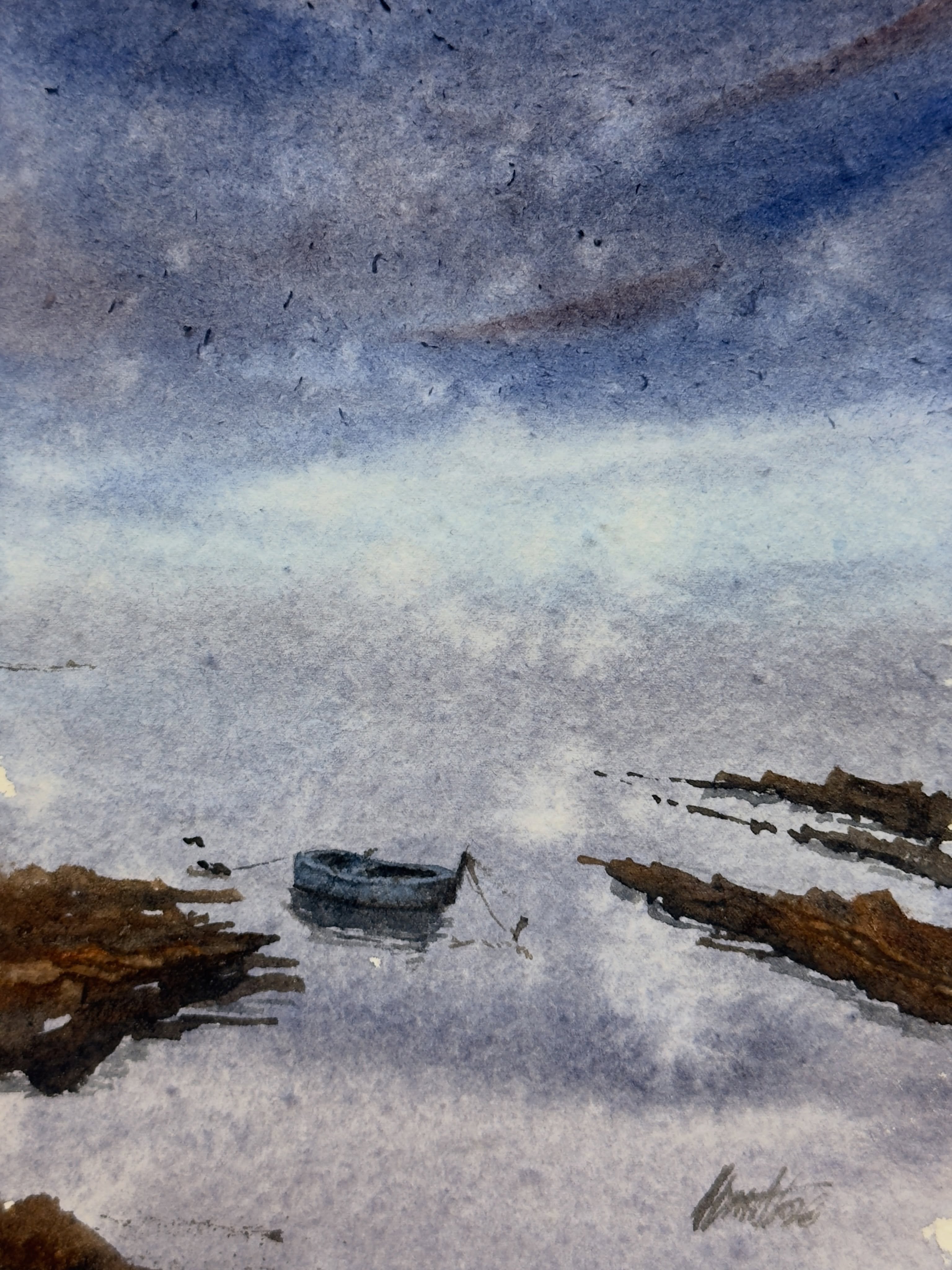 “Held by a thread” watercolor 15x20 over Indian hand made paper

A misty sky over a quiet sea. There’s a shore. The last thin line connecting it to anything at all. Perhaps this is what survival looks like at the end of things: not arrival, not rescue, just the thread that has not yet broken.