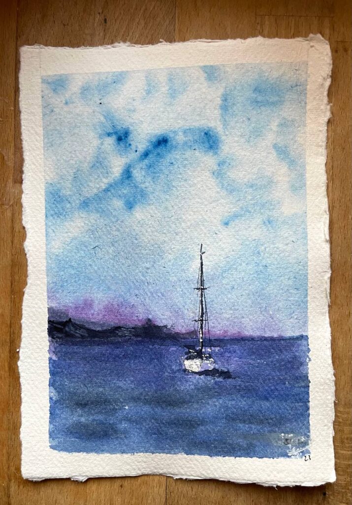 These Calm Moments in Watercolor - Stefano Bramato Art 2 Calm sea landscape with sailboat