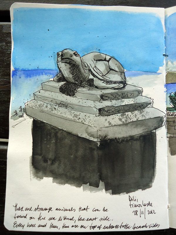 Sketching in Timor Leste a concrete turtle
